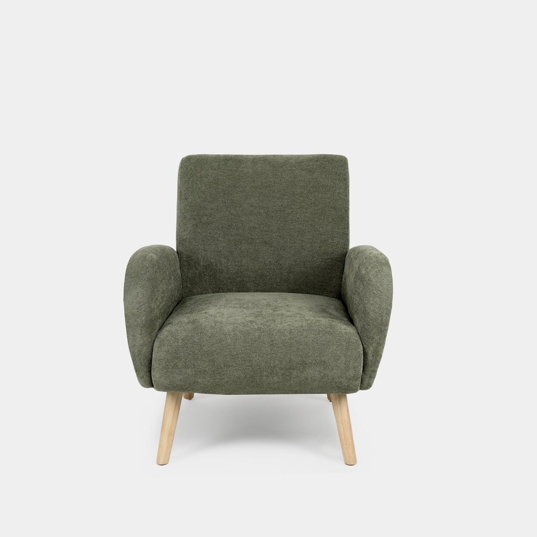 Sillón de lectura verde con pata natural
